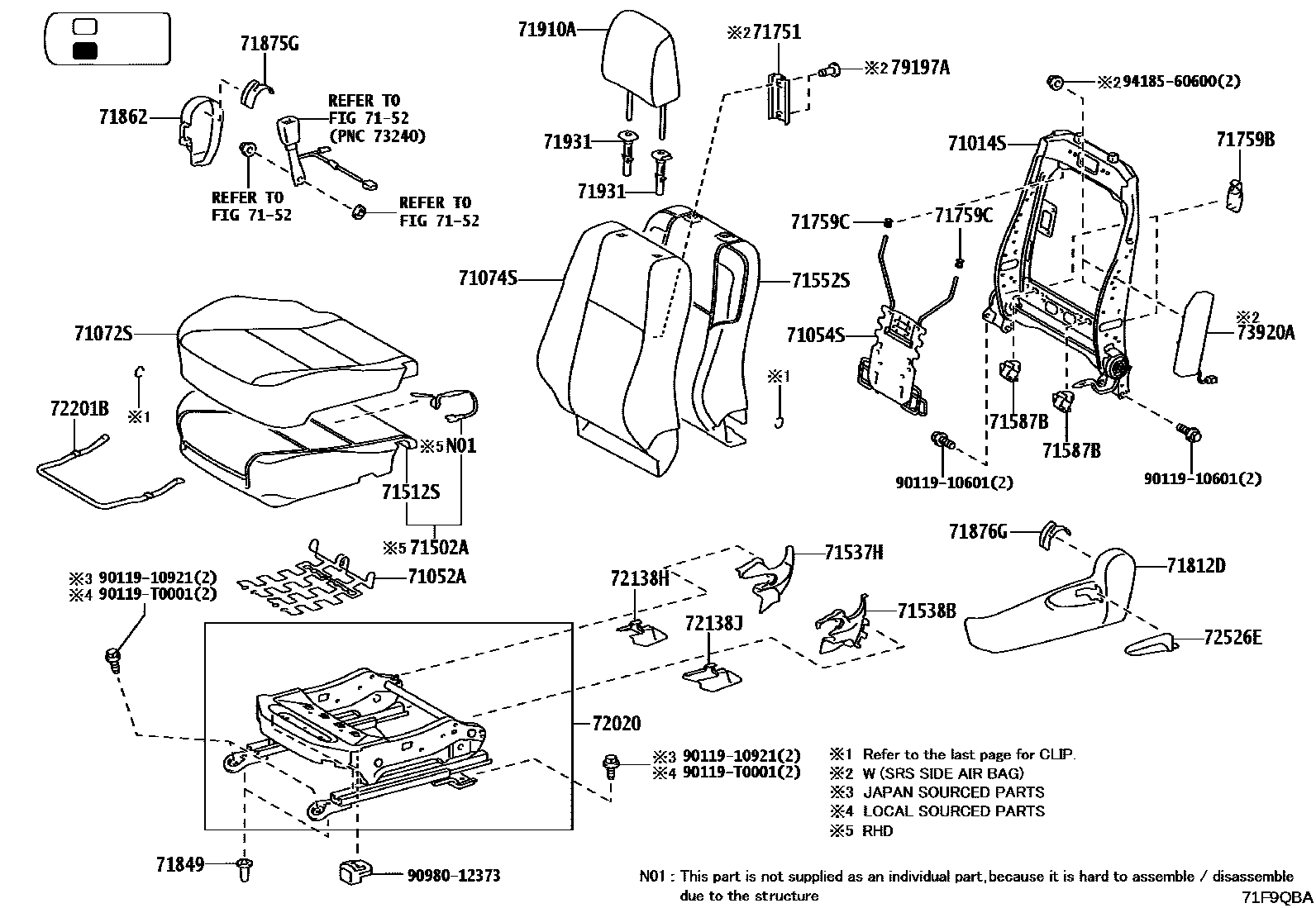 Toyota HILUX 座椅和座椅滑轨 EPC diagram — 71F9QBA