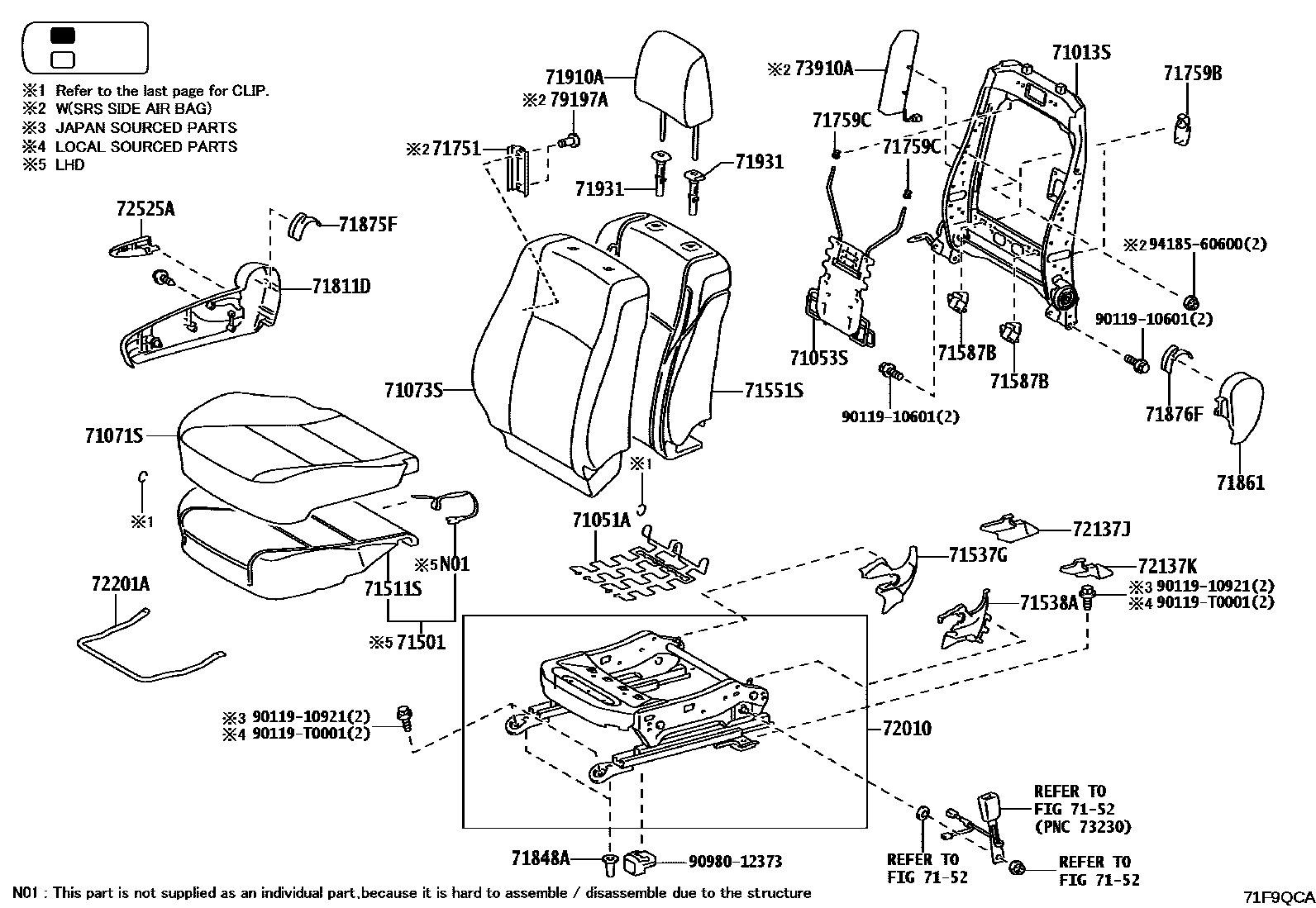 Toyota HILUX 座椅和座椅滑轨 EPC diagram — 71F9QCA