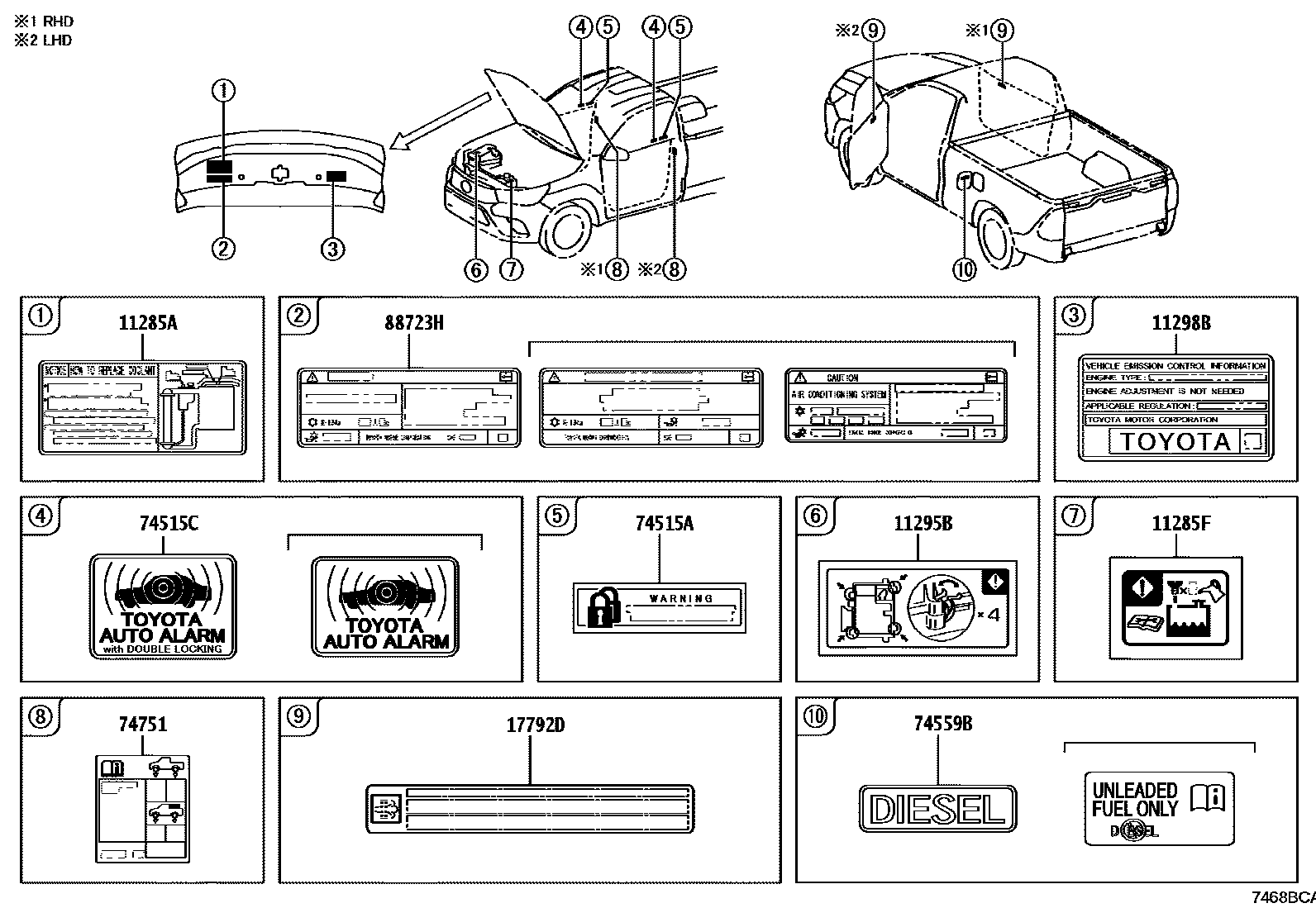 Toyota HILUX warning nameplate EPC diagram — 7468BCA