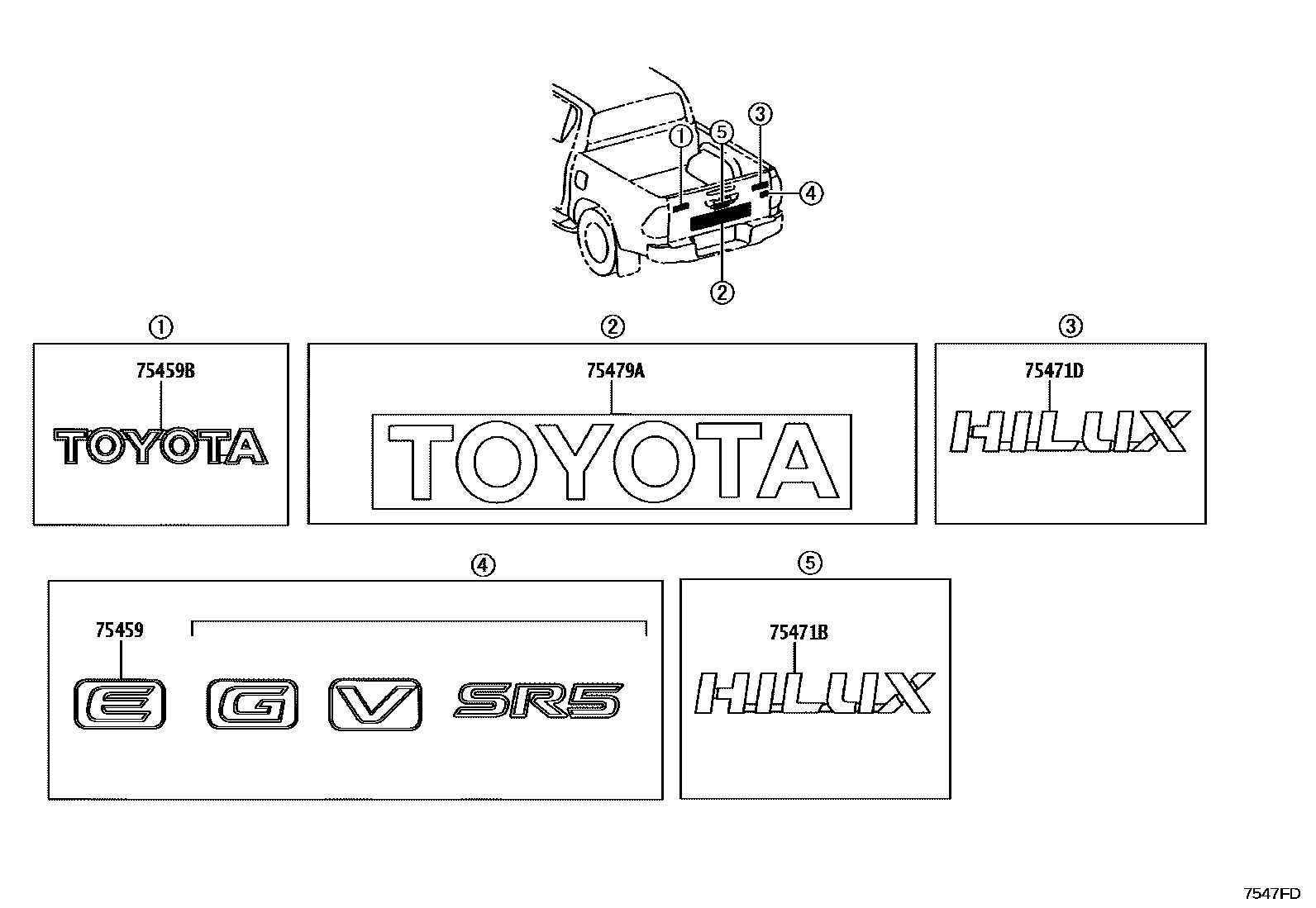 Toyota HILUX 徽标和铭牌 EPC diagram — 7547FD