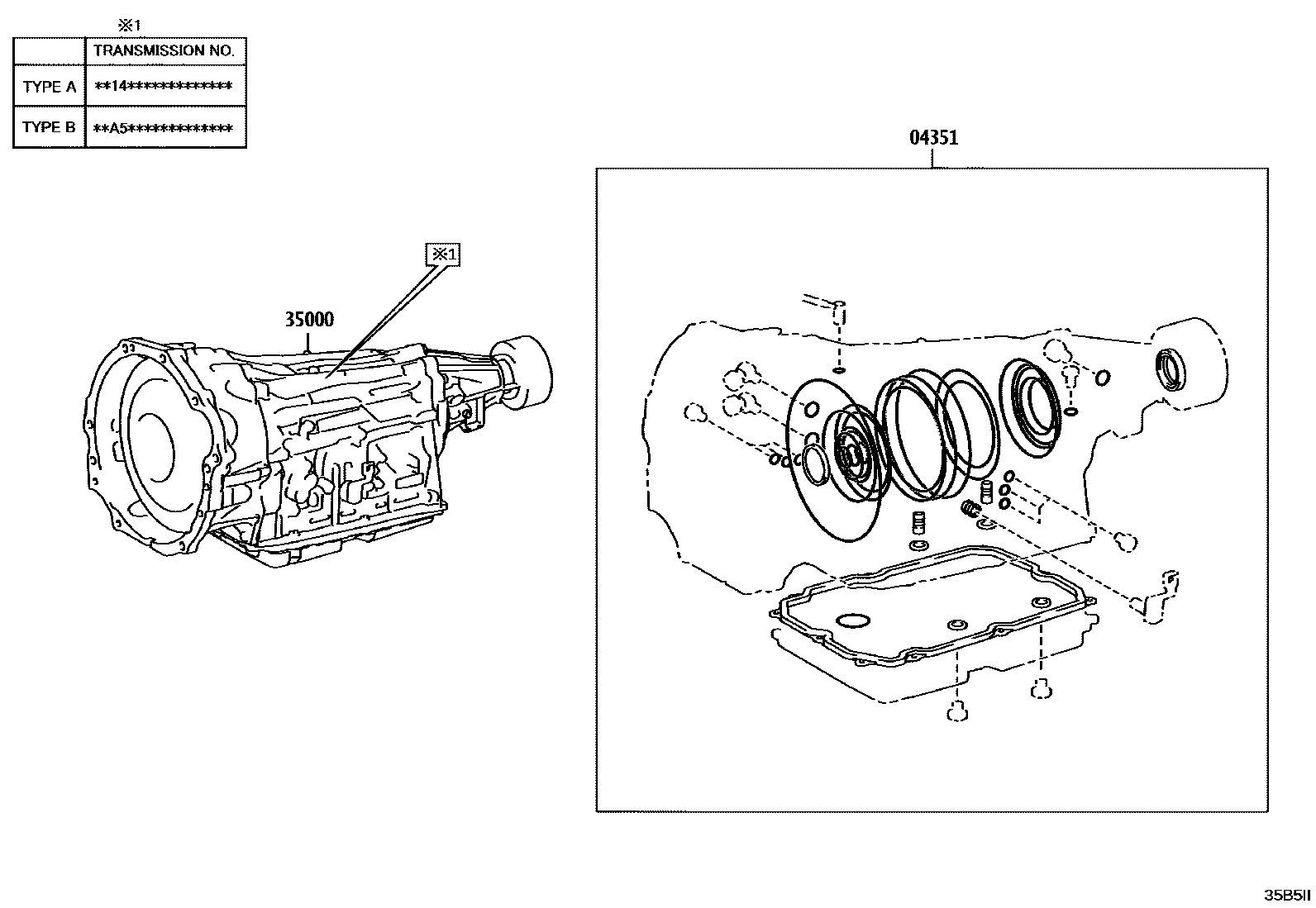 Toyota HILUX 传动桥或变速器总成和衬垫组件(ATM) EPC diagram — 35B5II