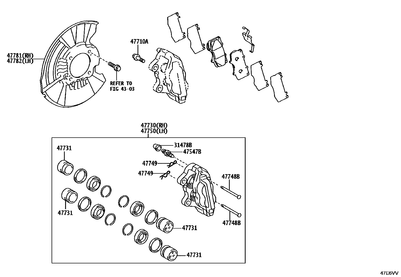 Toyota HILUX 前盘式制动器卡钳和防尘罩 EPC diagram — 47E6VV