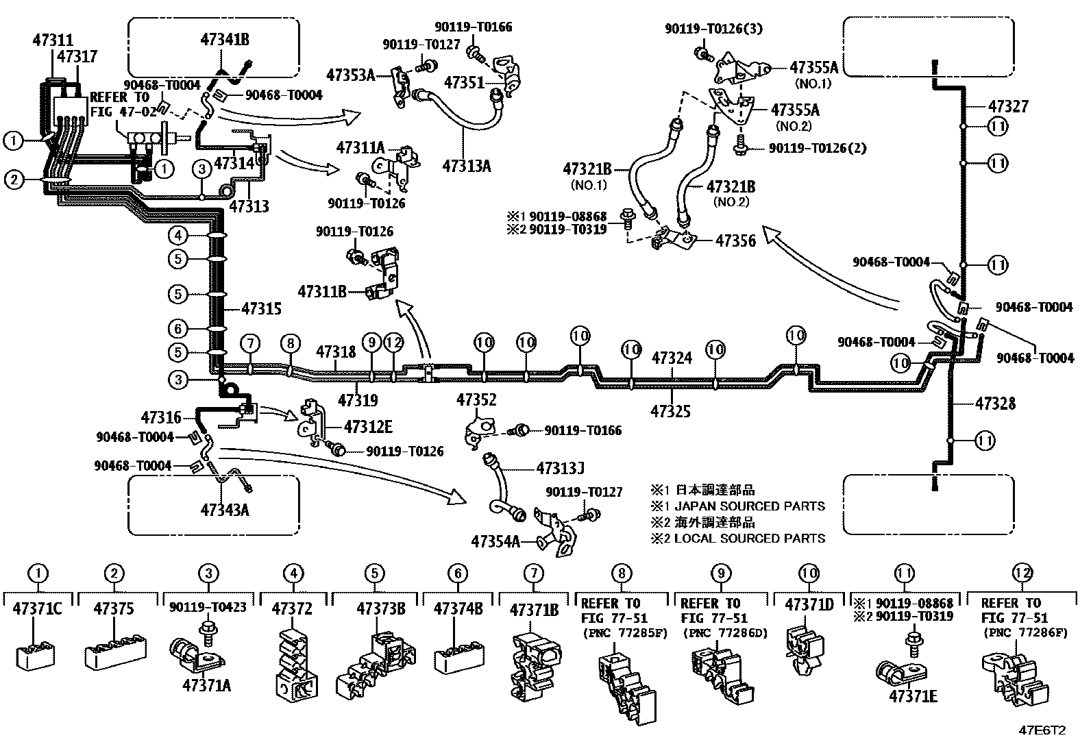 Toyota HILUX 制动配管和卡箍 EPC diagram — 47E6T2