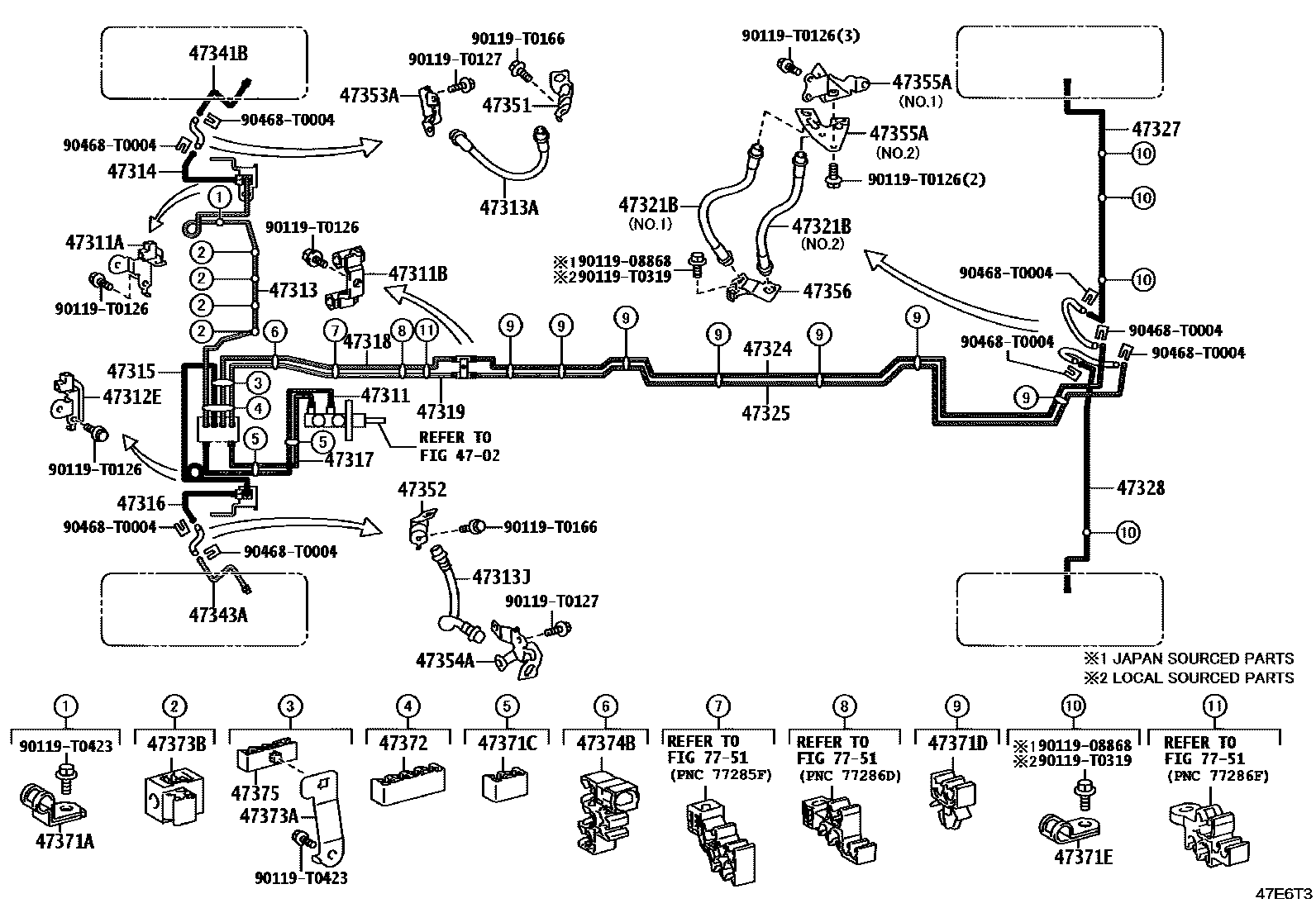 Toyota HILUX 制动配管和卡箍 EPC diagram — 47E6T3