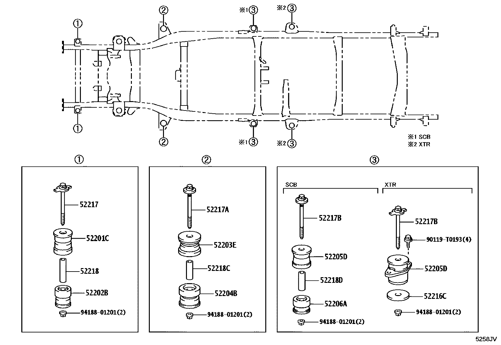 Toyota HILUX 驾驶室悬置和车身悬置 EPC diagram — 5258JV