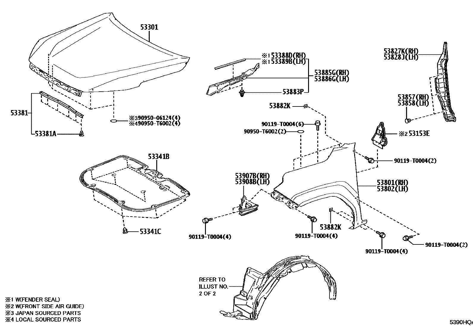 Toyota HILUX 发动机盖和前翼子板 EPC diagram — 5390HQA