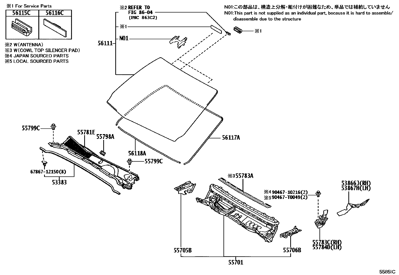 Toyota HILUX 前围板和挡风玻璃 EPC diagram — 5585IC