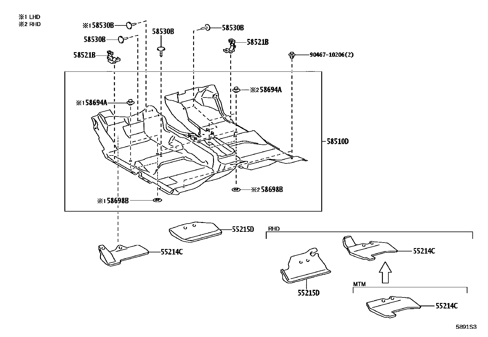 Toyota HILUX 地板垫和消声垫 EPC diagram — 5891S3