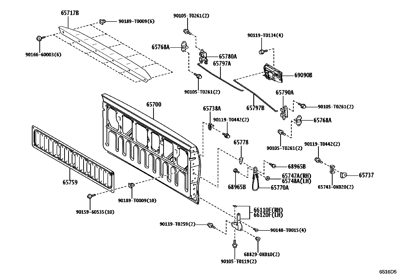 Toyota HILUX 后车身防护架和背门 EPC diagram — 6516D5