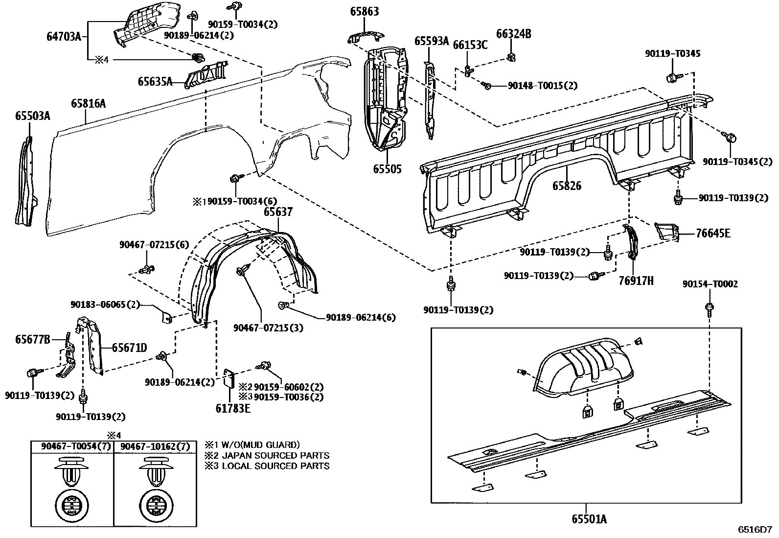 Toyota HILUX 后车身侧面板 EPC diagram — 6516D7