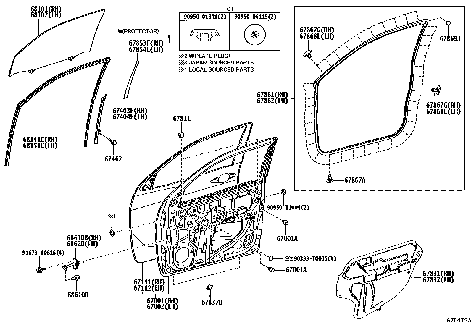 Toyota HILUX 前门板和前门玻璃 EPC diagram — 67D1T2A
