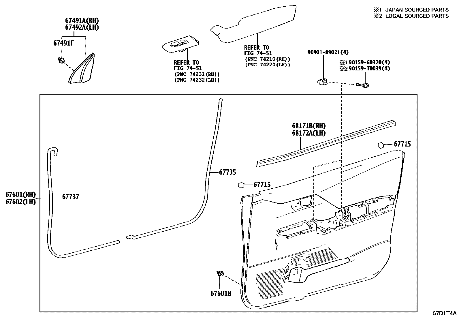Toyota HILUX 前门板和前门玻璃 EPC diagram — 67D1T4A