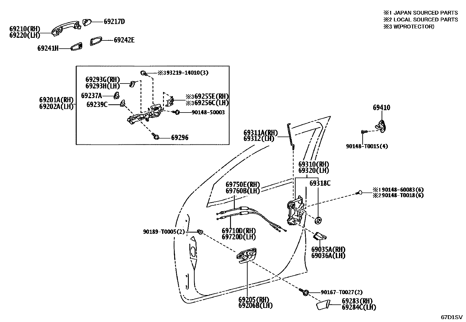 Toyota HILUX 前门锁和车门把手 EPC diagram — 67D1SV
