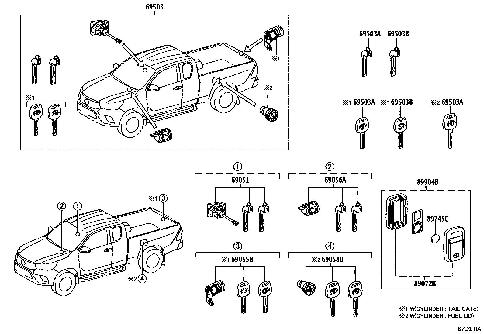 Toyota HILUX 锁芯组件 EPC diagram — 67D1TIA