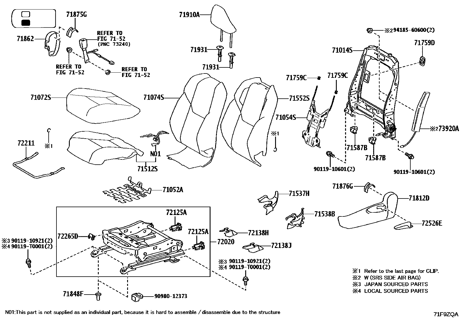 Toyota HILUX 座椅和座椅滑轨 EPC diagram — 71F9ZQA