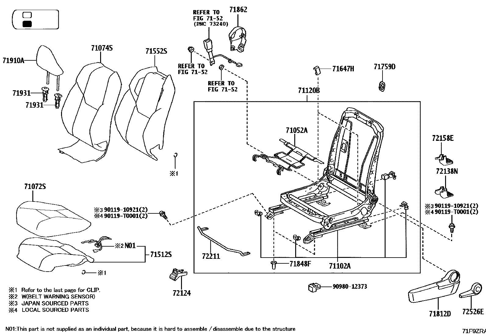 Toyota HILUX 座椅和座椅滑轨 EPC diagram — 71F9ZRA