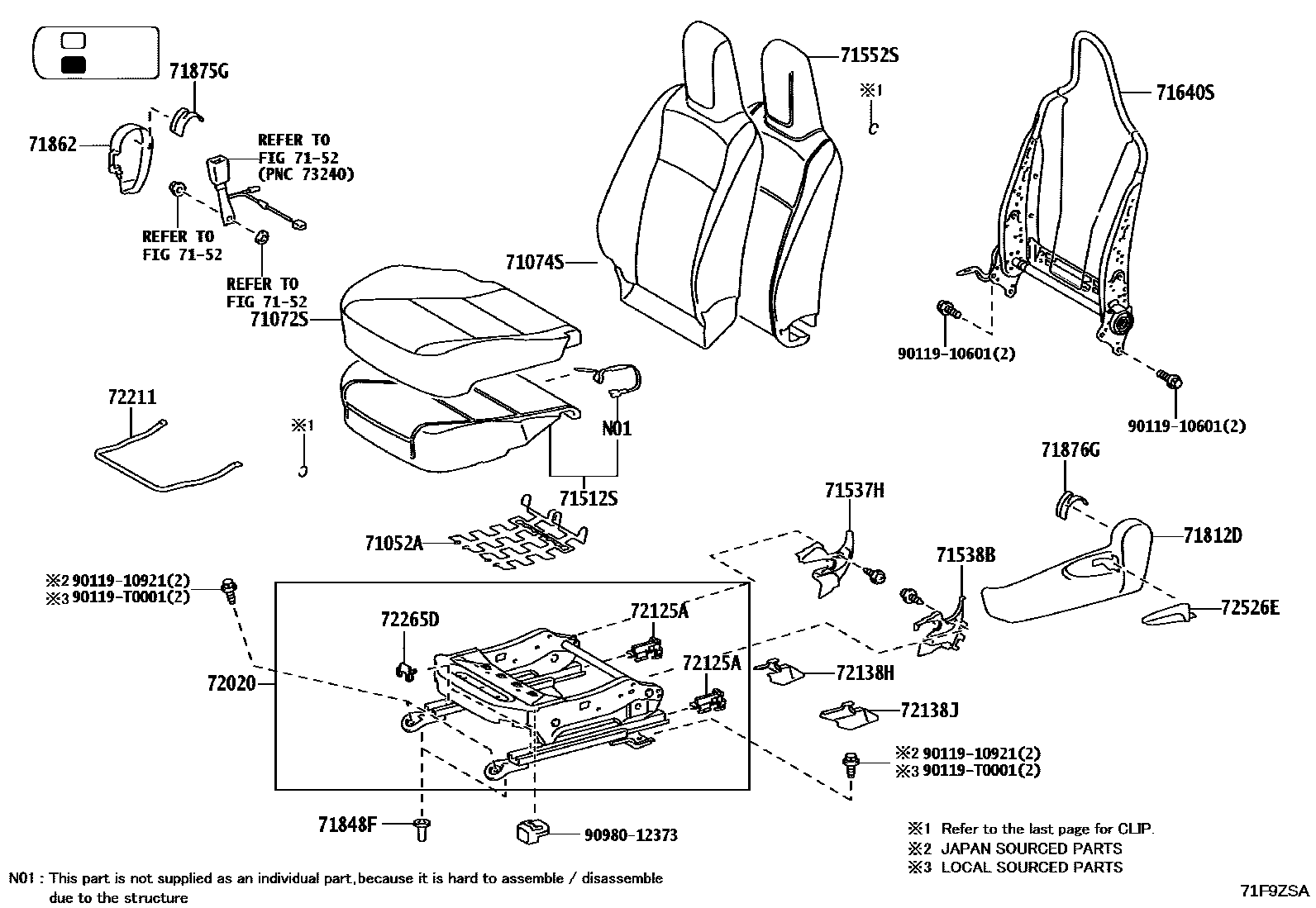 Toyota HILUX 座椅和座椅滑轨 EPC diagram — 71F9ZSA