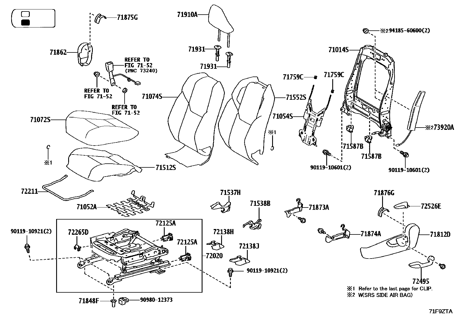 Toyota HILUX 座椅和座椅滑轨 EPC diagram — 71F9ZTA