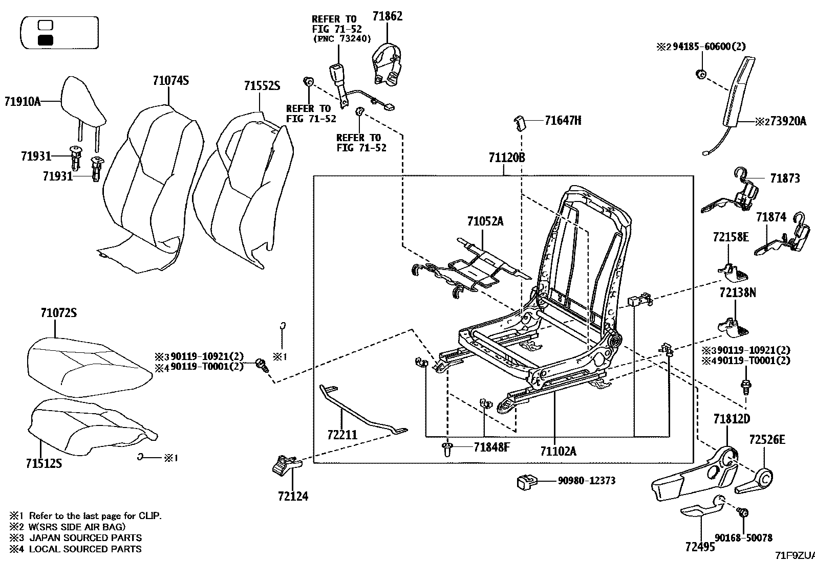 Toyota HILUX 座椅和座椅滑轨 EPC diagram — 71F9ZUA