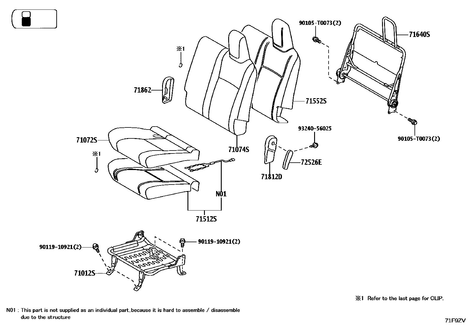 Toyota HILUX 座椅和座椅滑轨 EPC diagram — 71F9ZV