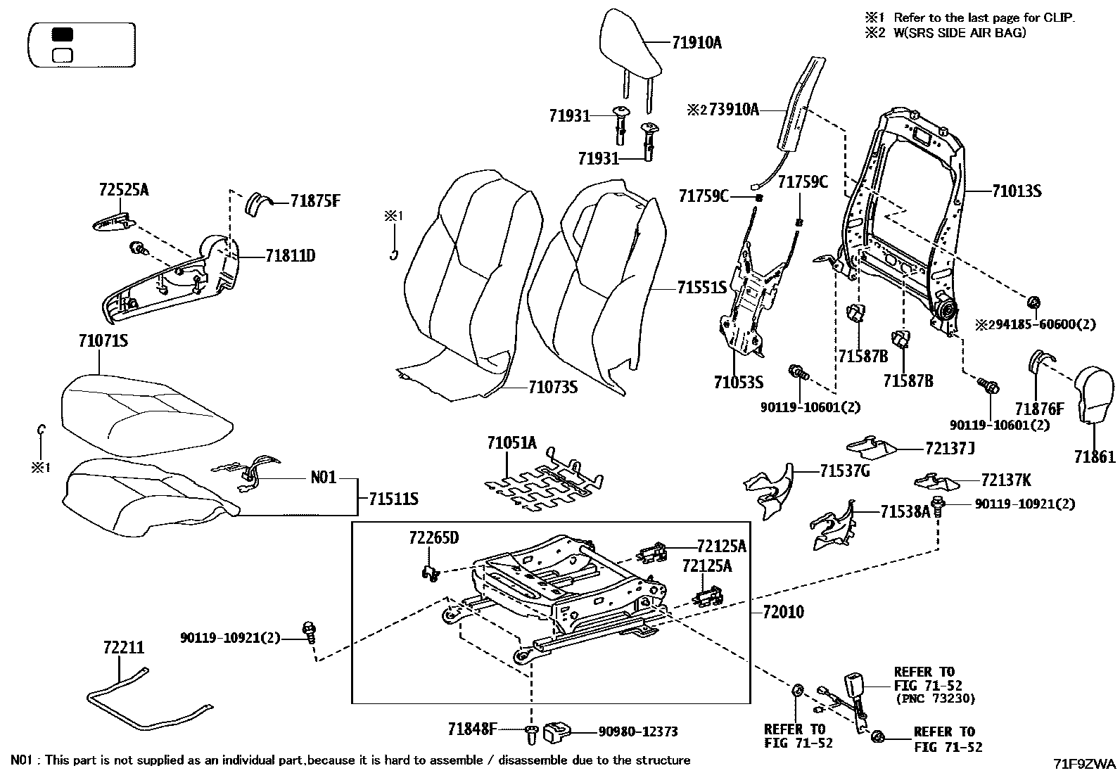 Toyota HILUX 座椅和座椅滑轨 EPC diagram — 71F9ZWA