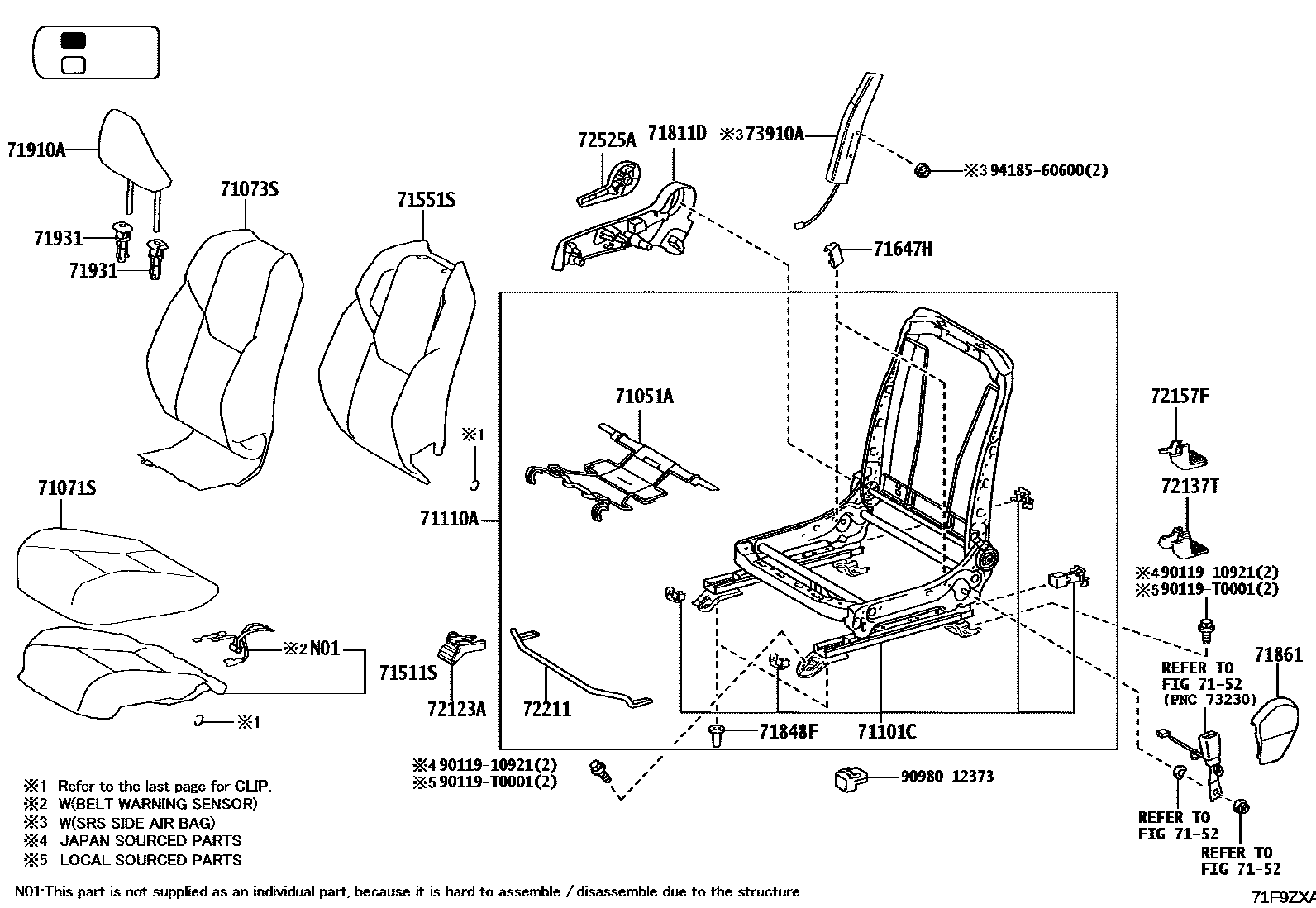Toyota HILUX 座椅和座椅滑轨 EPC diagram — 71F9ZXA
