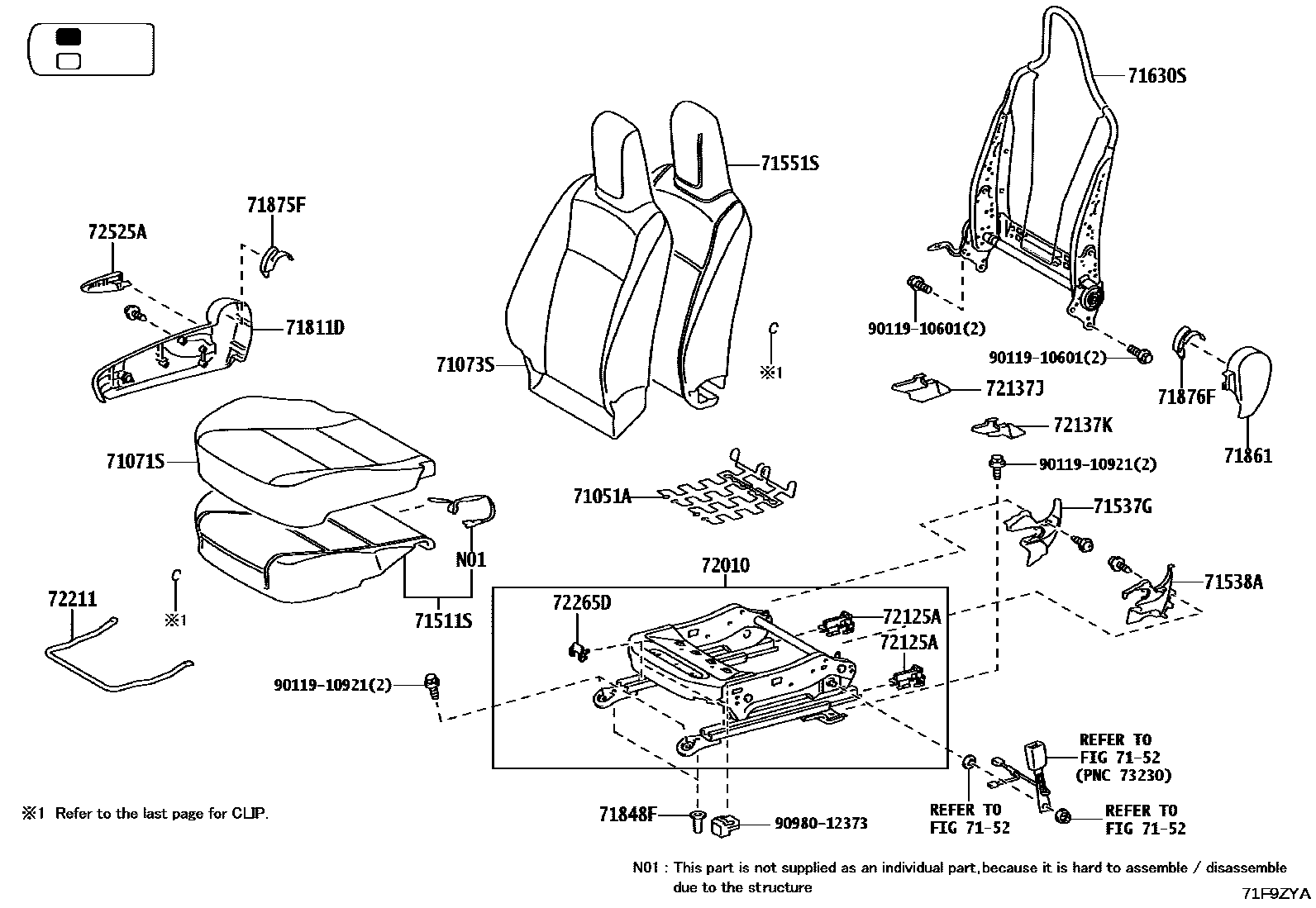 Toyota HILUX 座椅和座椅滑轨 EPC diagram — 71F9ZYA