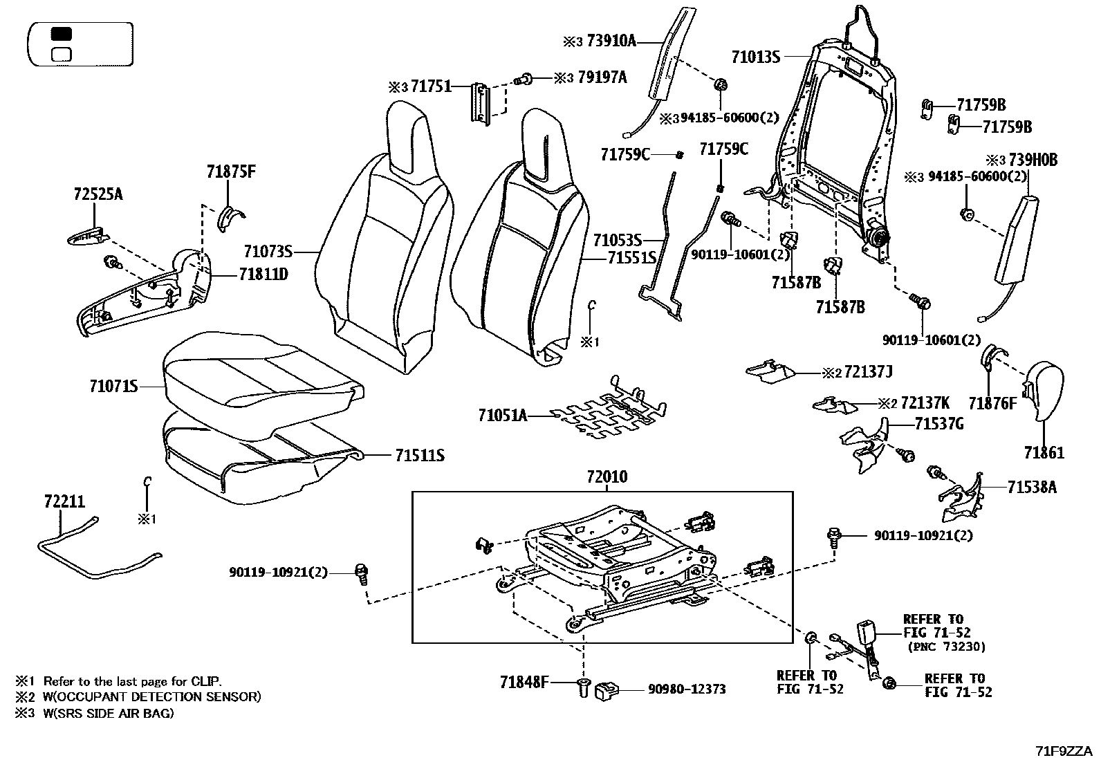 Toyota HILUX 座椅和座椅滑轨 EPC diagram — 71F9ZZA
