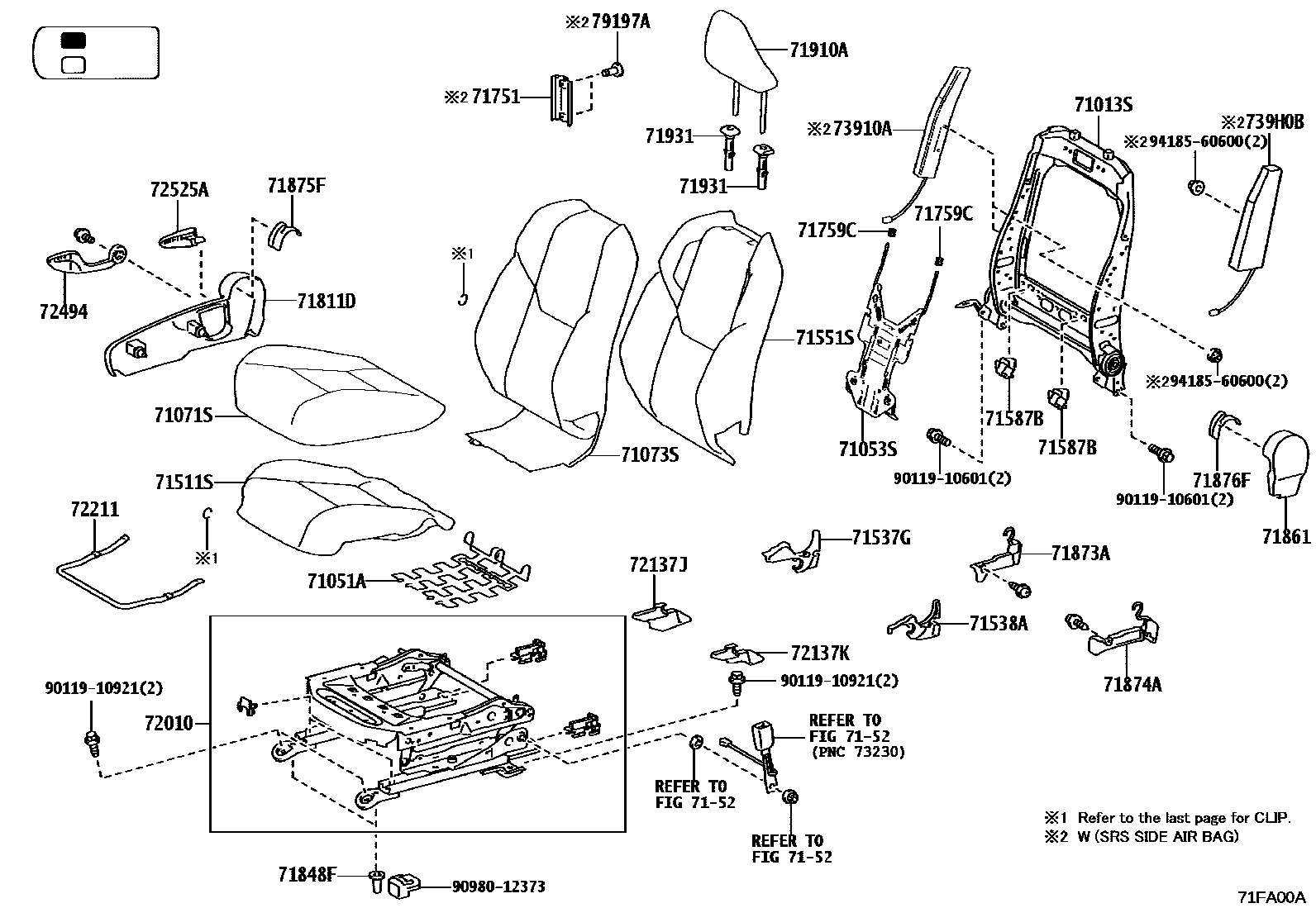 Toyota HILUX 座椅和座椅滑轨 EPC diagram — 71FA00A