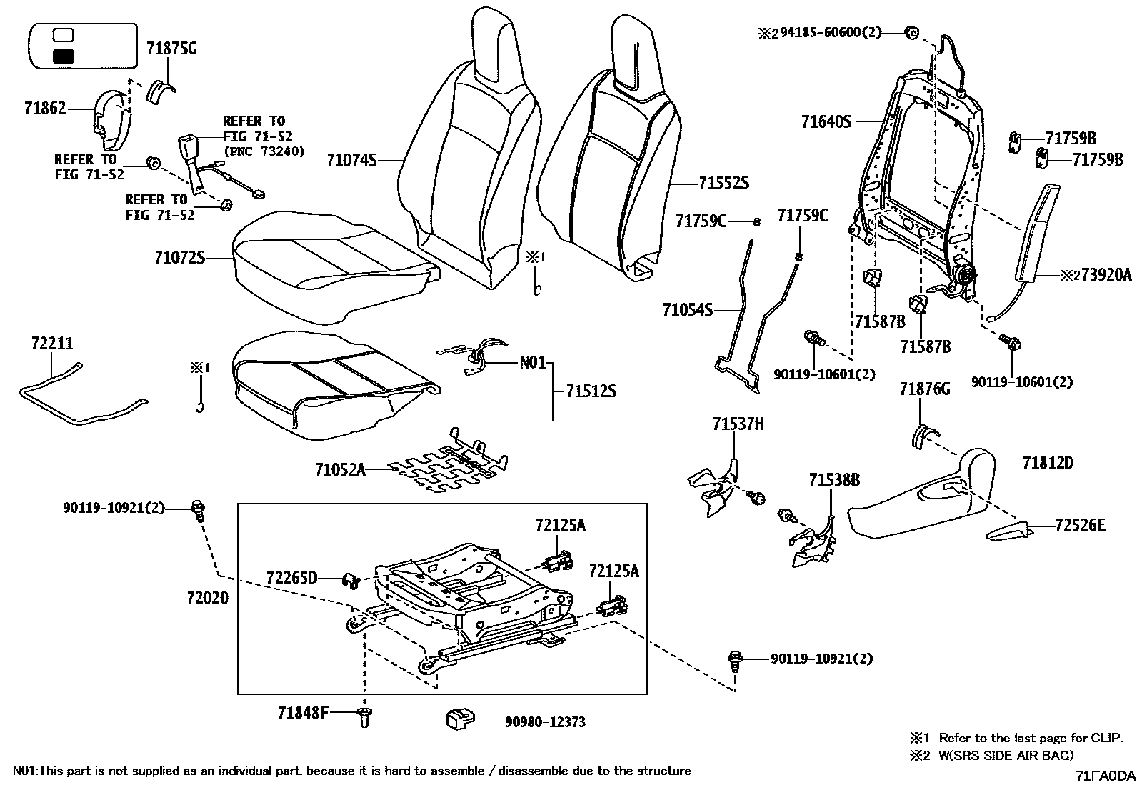 Toyota HILUX 座椅和座椅滑轨 EPC diagram — 71FA0DA