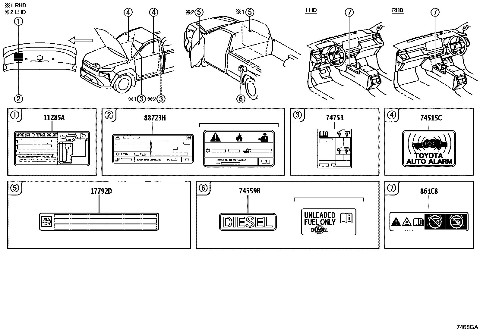 Toyota HILUX warning nameplate EPC diagram — 7468GA