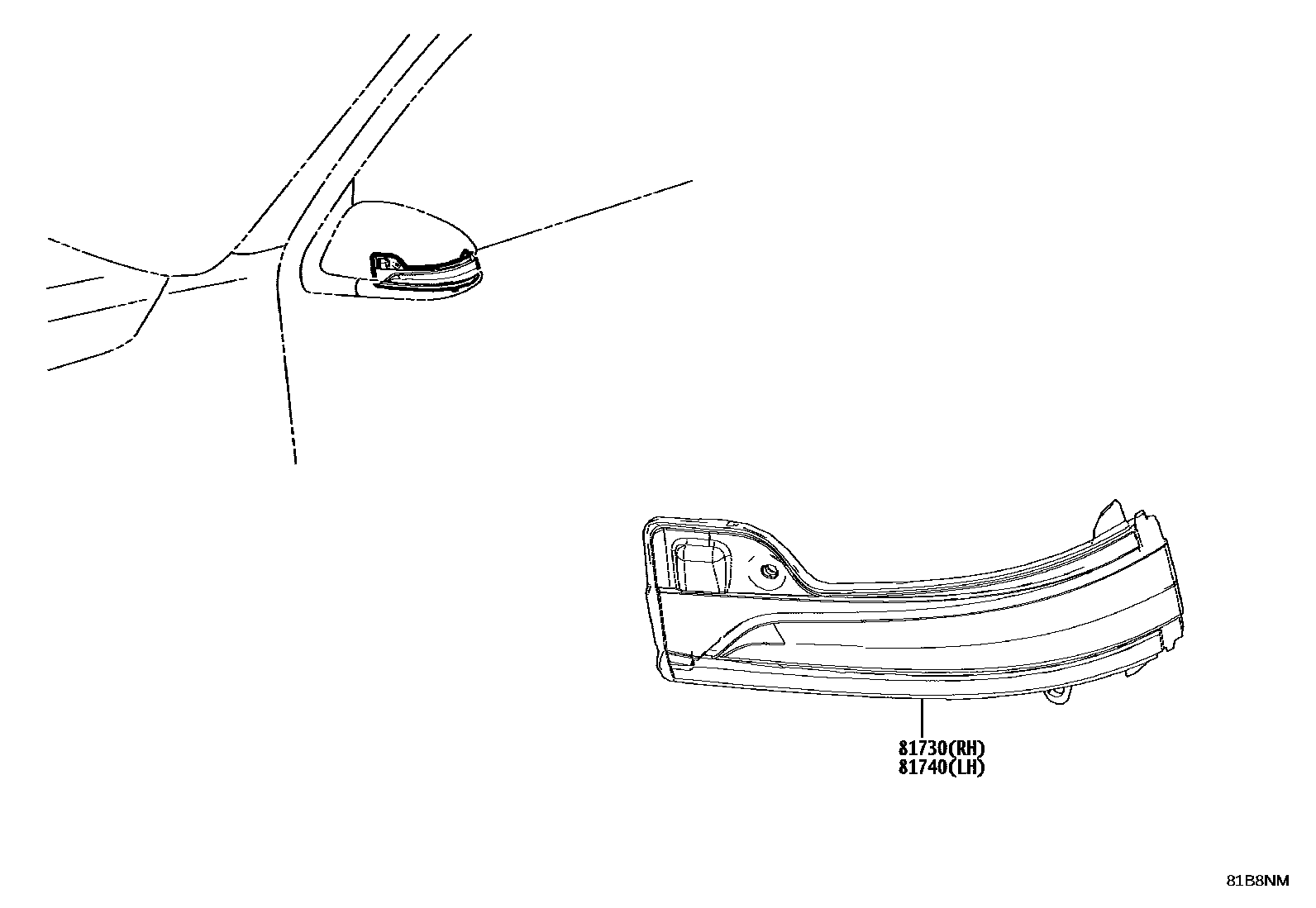 Toyota HILUX Side Turn Signal & Outer Mirror Lamp EPC diagram — 81B8NM