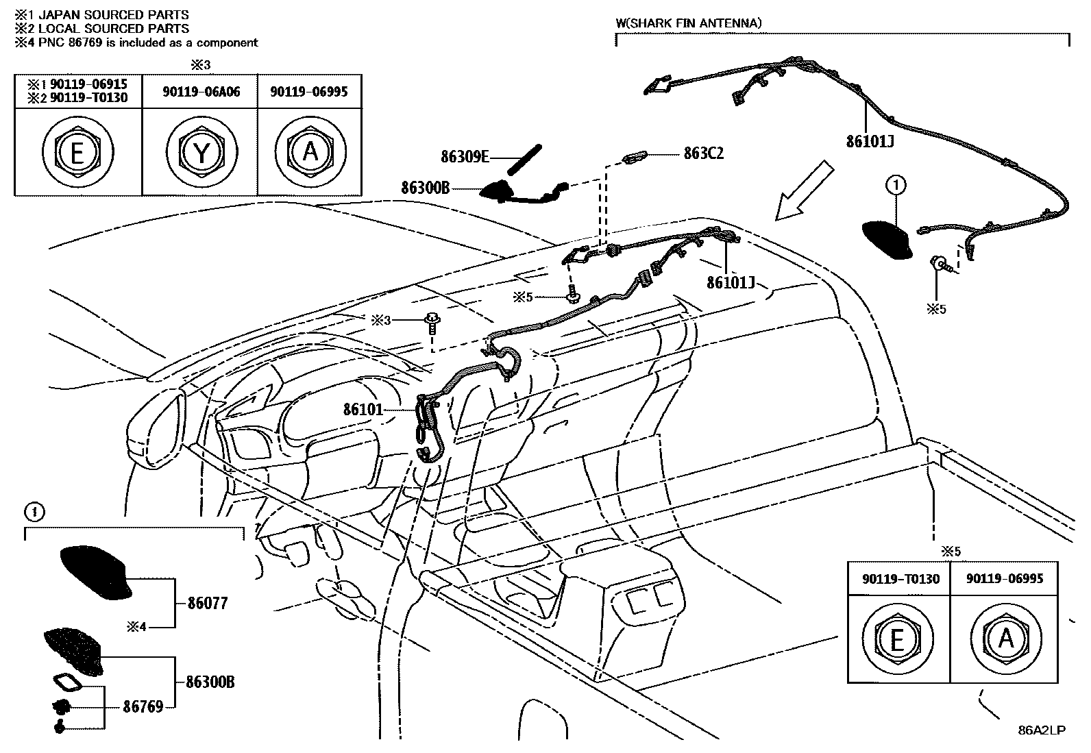 Toyota HILUX antenna EPC diagram — 86A2LP