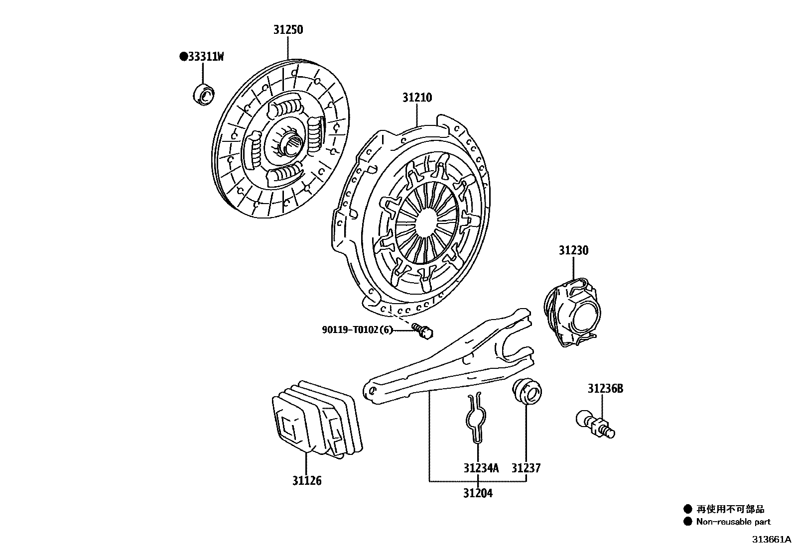 Toyota HILUX 离合器和分离叉 EPC diagram — 313661A