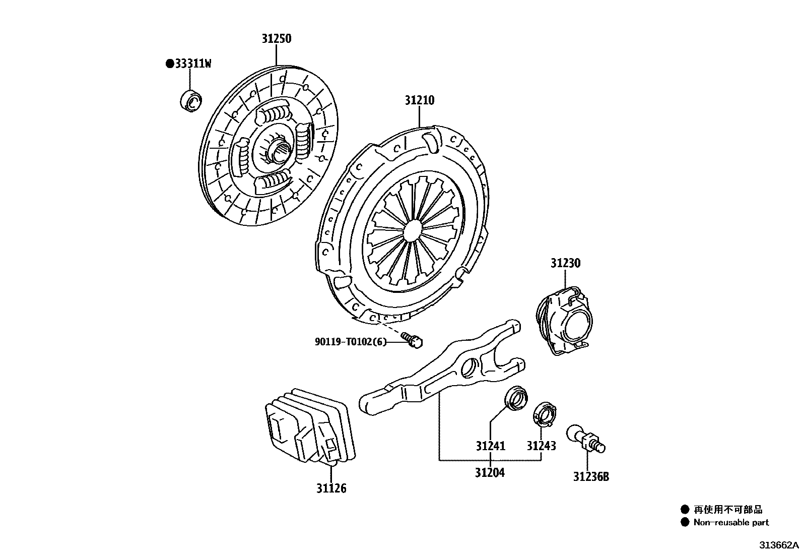 Toyota HILUX 离合器和分离叉 EPC diagram — 313662A
