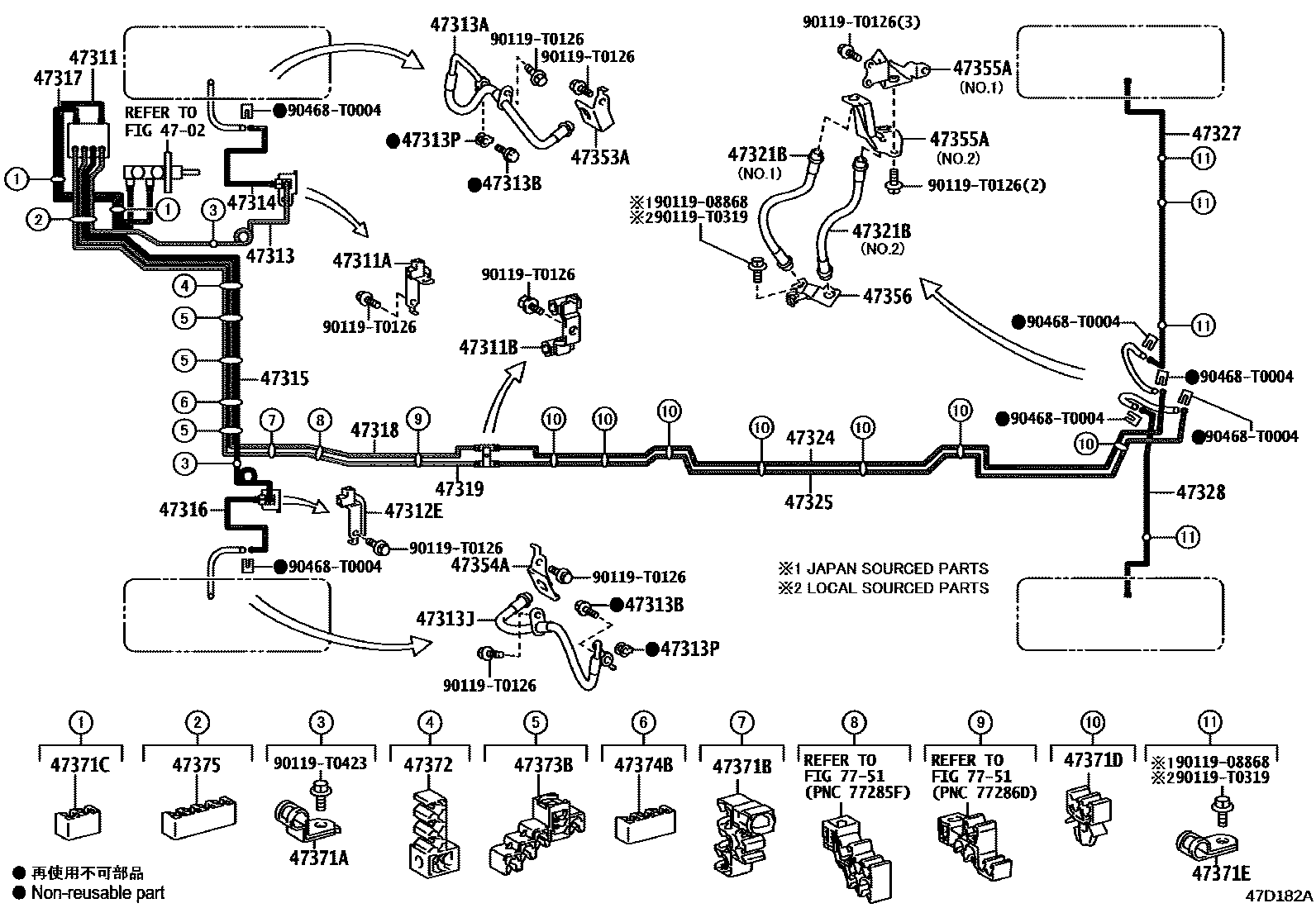 Toyota HILUX 制动配管和卡箍 EPC diagram — 47D182A
