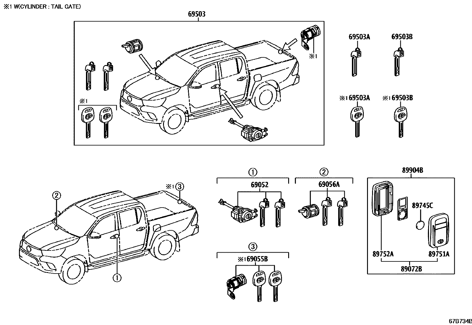 Toyota HILUX 锁芯组件 EPC diagram — 67B734B