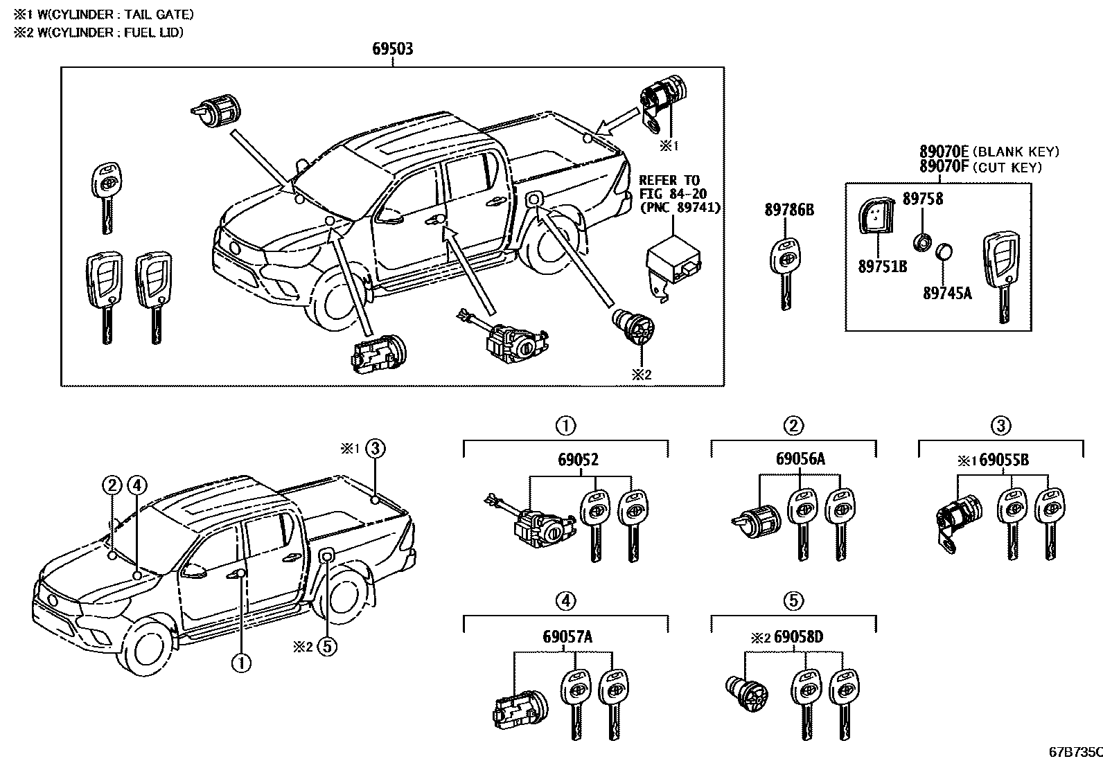 Toyota HILUX 锁芯组件 EPC diagram — 67B735C