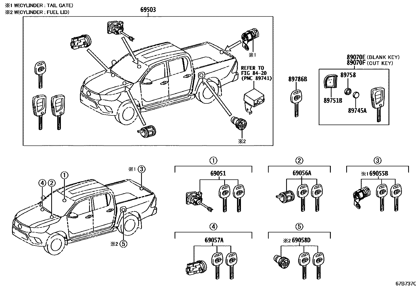 Toyota HILUX 锁芯组件 EPC diagram — 67B737C