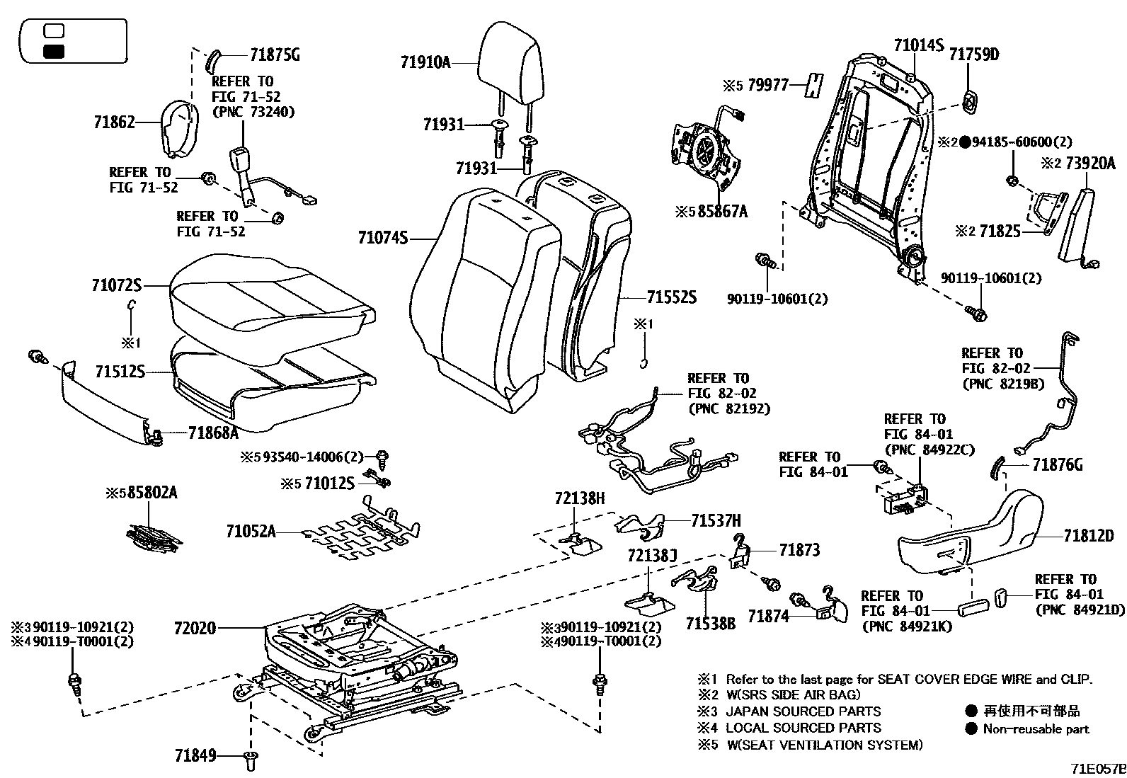 Toyota HILUX 座椅和座椅滑轨 EPC diagram — 71E057B