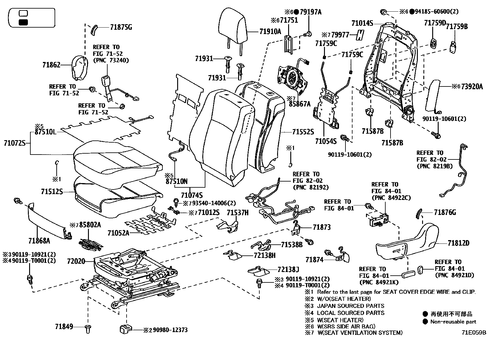Toyota HILUX 座椅和座椅滑轨 EPC diagram — 71E059B