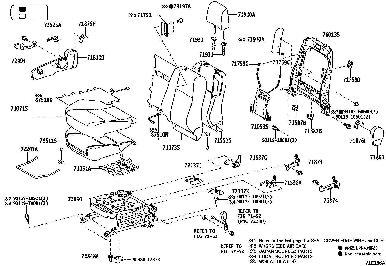 Toyota HILUX 座椅和座椅滑轨 EPC diagram — 71E186A