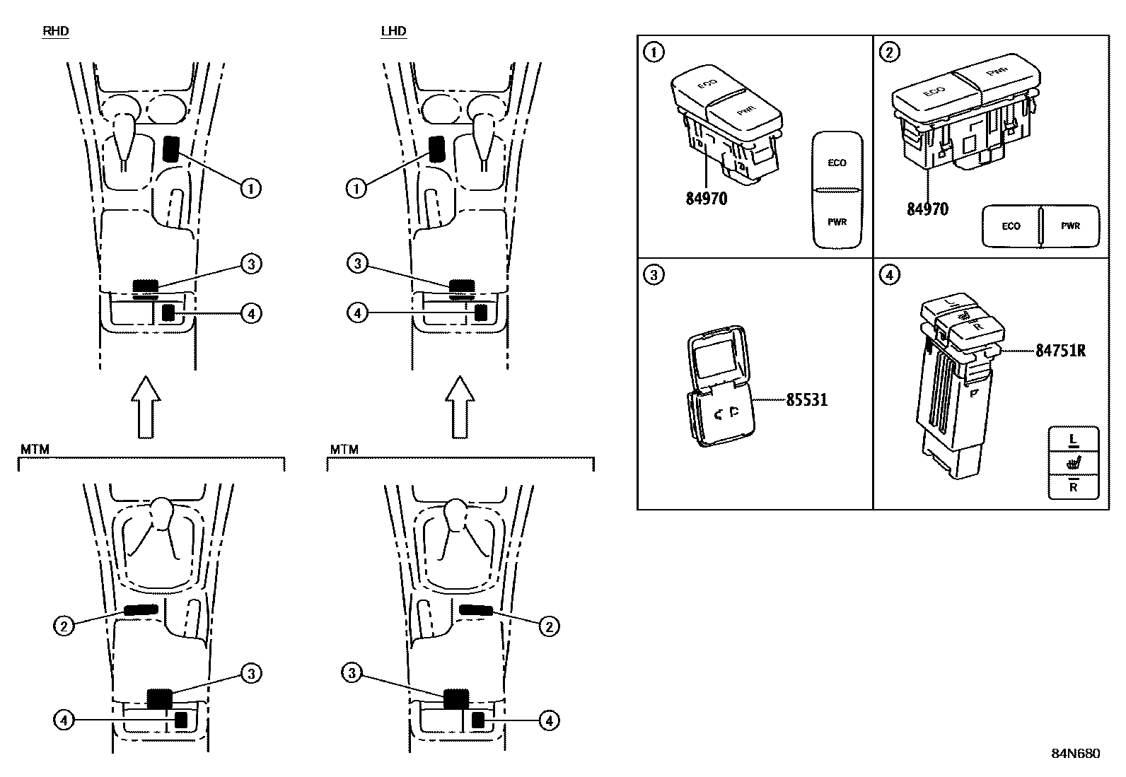 Toyota HILUX 开关和继电器和ECU EPC diagram — 84N680