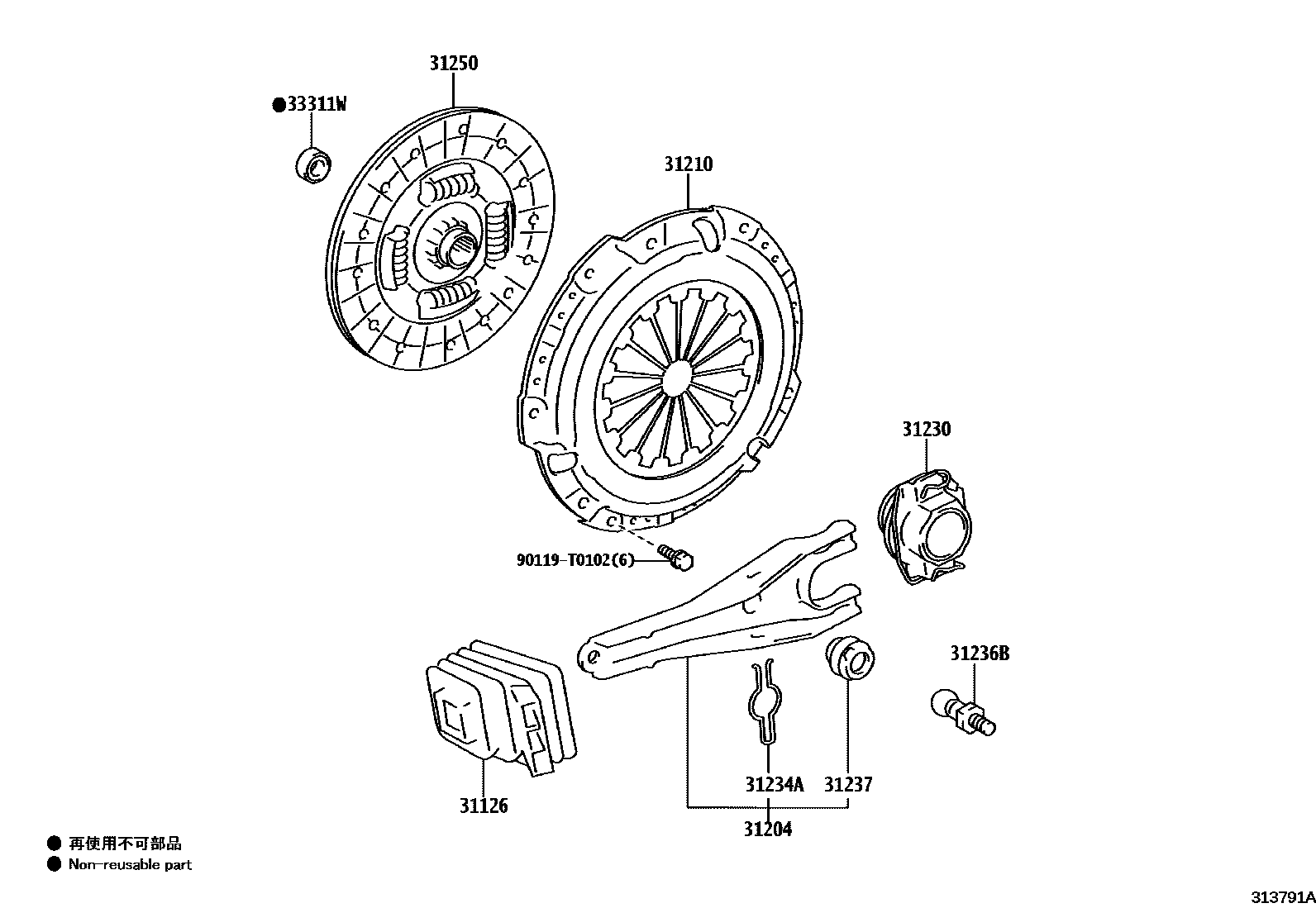 Toyota HILUX 离合器和分离叉 EPC diagram — 313791A