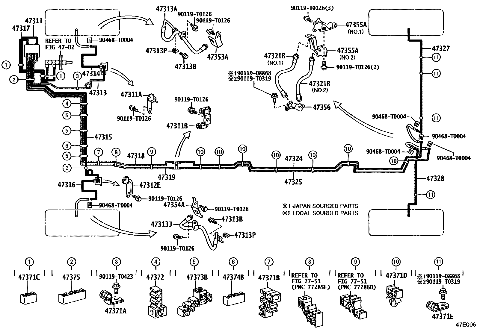 Toyota HILUX 制动配管和卡箍 EPC diagram — 47E006