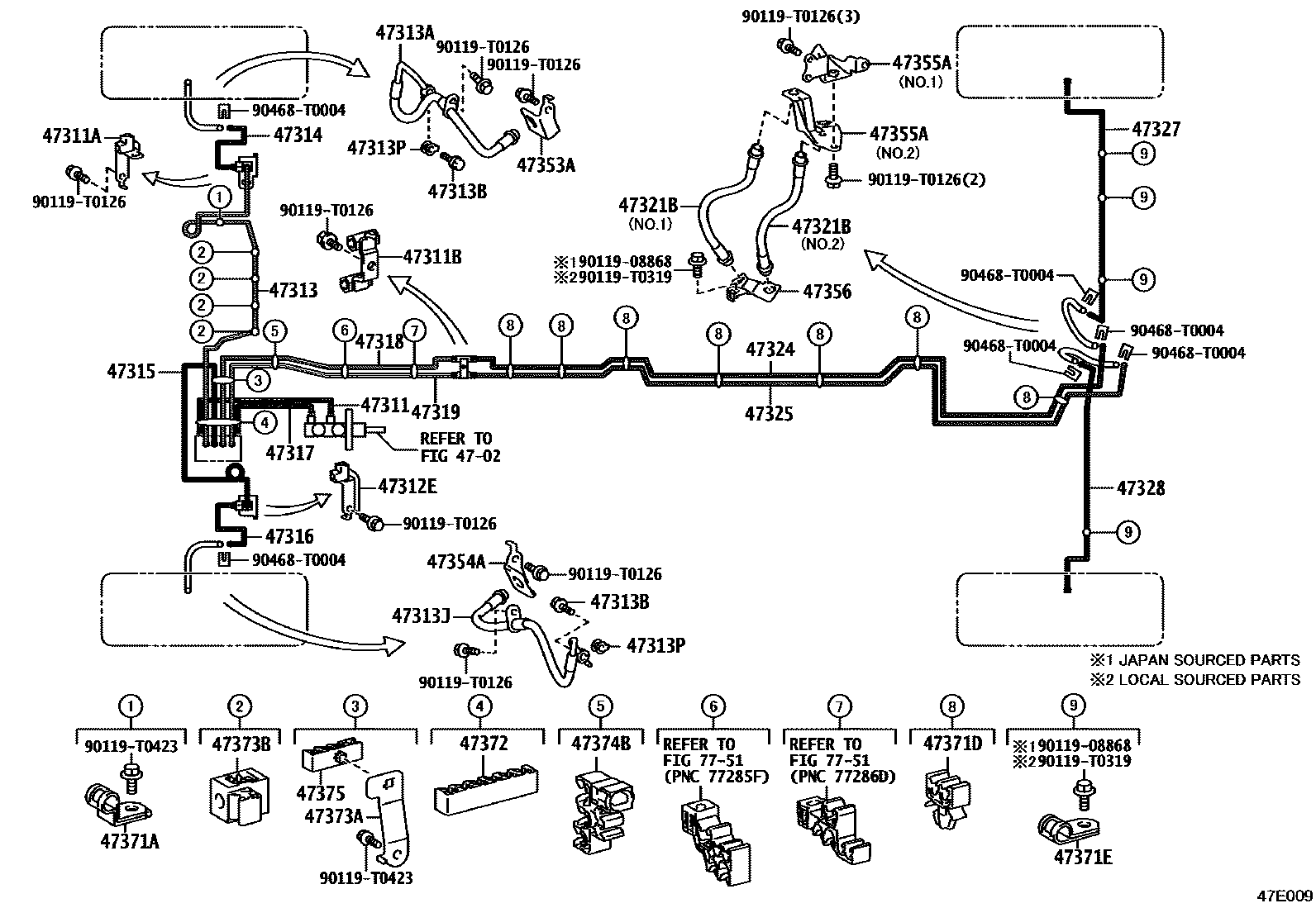 Toyota HILUX 制动配管和卡箍 EPC diagram — 47E009