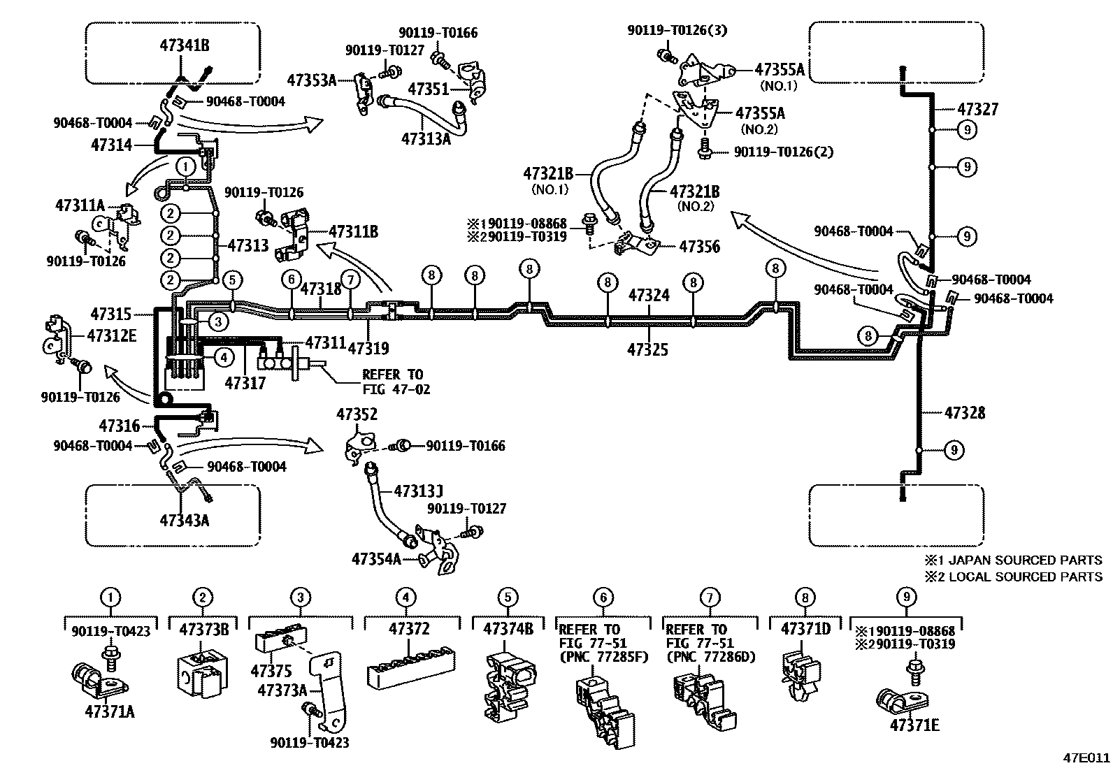 Toyota HILUX 制动配管和卡箍 EPC diagram — 47E011
