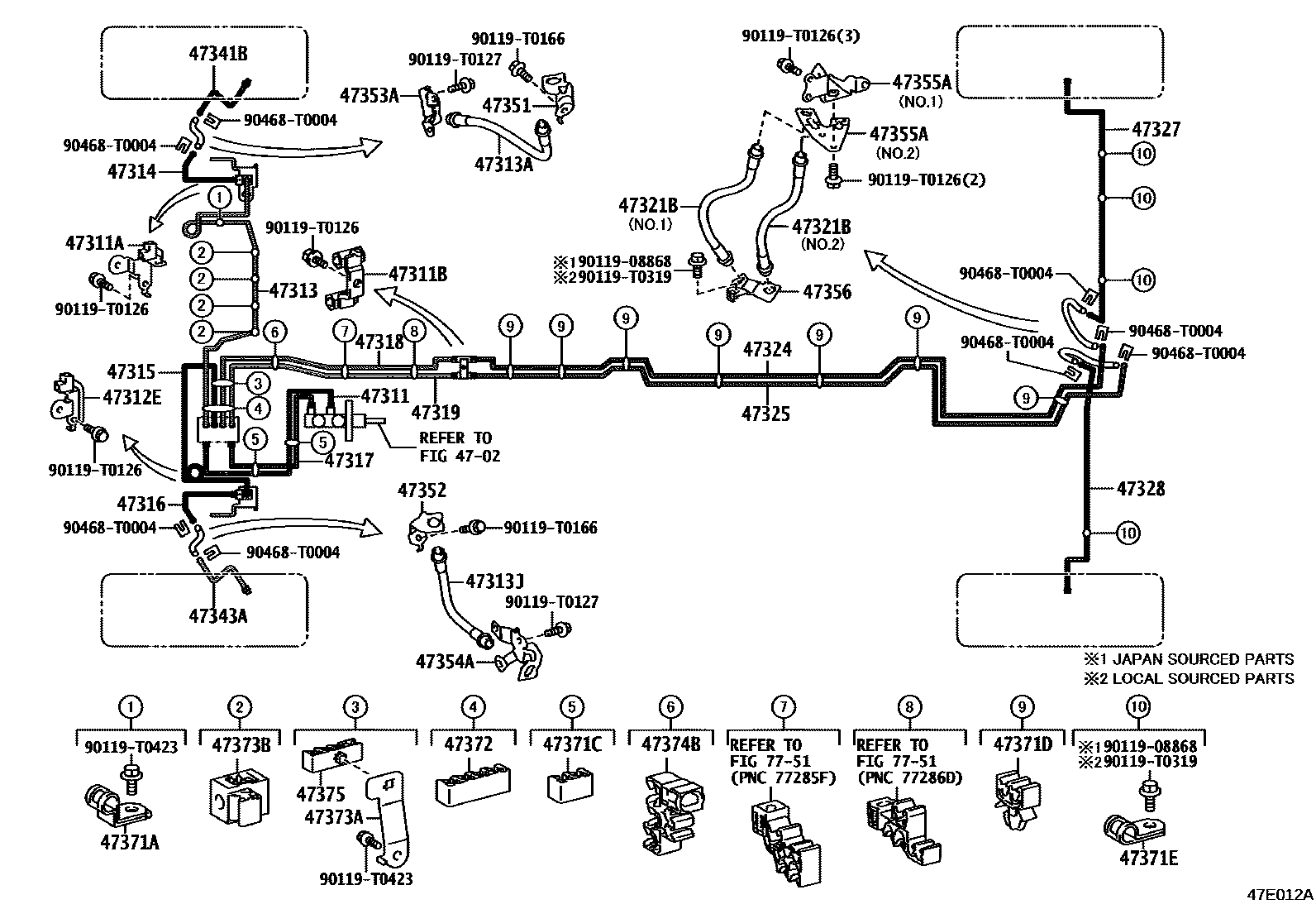 Toyota HILUX 制动配管和卡箍 EPC diagram — 47E012A