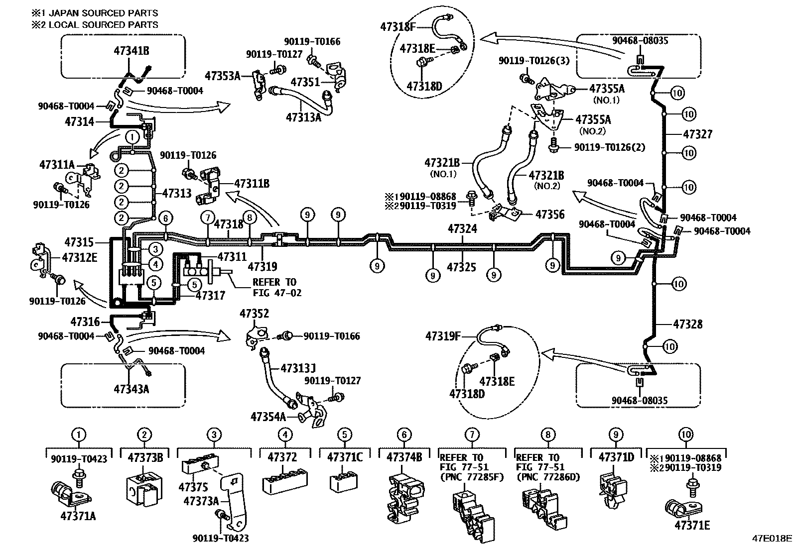 Toyota HILUX 制动配管和卡箍 EPC diagram — 47E018E