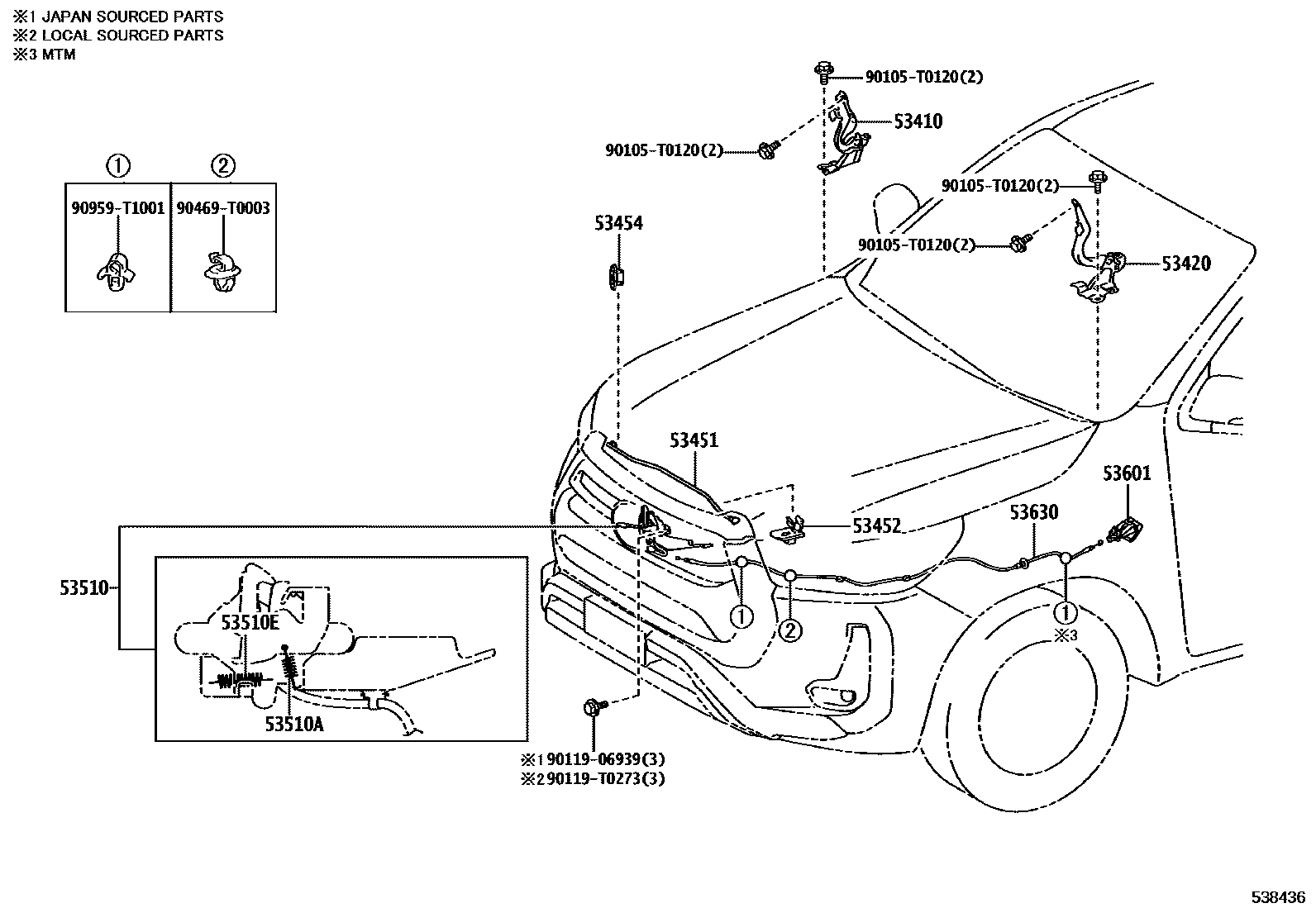 Toyota HILUX 发动机盖锁和铰链 EPC diagram — 538436
